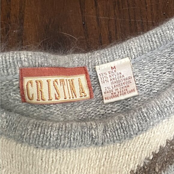 Vintage Crew Neck Argyle Sweater Silk Angora Lambswool Black White Gray Soft Med - Picture 3 of 7